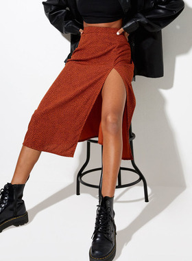 Leopard print high waist split A-line skirt豹纹印花开叉A字裙