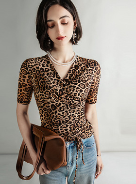 Mesh V-neck leopard print half-sleeve网纱交叉V领豹纹半袖小衫