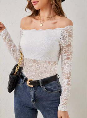 One-shoulder lace see-through fitted top  一字领蕾丝修身上衣