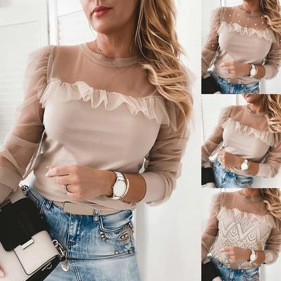 网纱拼接钉珠长袖修身上衣