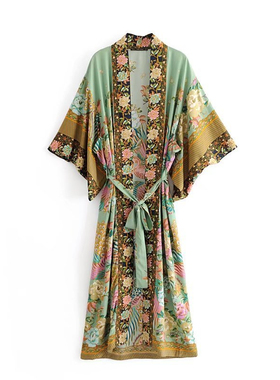Strap bohemian print home dress 波西米亚印花居家绑带连衣裙女