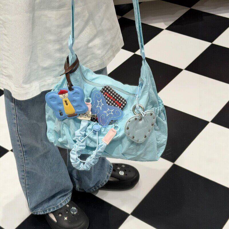 多口袋蓝色包包女款大容量帆布包单肩手提包日常通勤百搭韩系新款