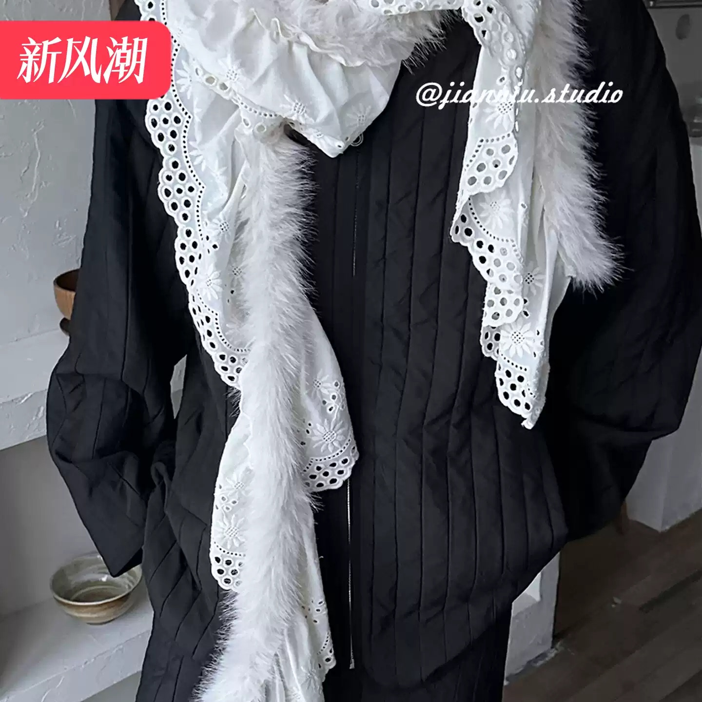 复古千禧辣妹风蕾丝毛边围巾女日系小众y2k亚文化装饰叠戴围脖潮