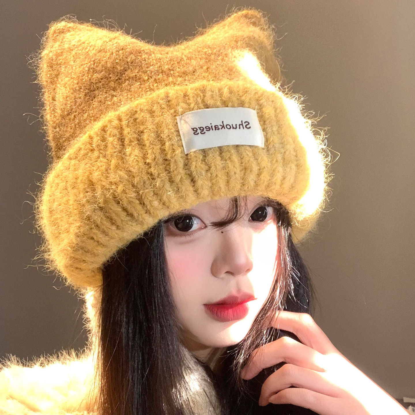 黄色猫耳朵针织帽女冬季可爱甜美显脸小毛线帽大头围保暖护耳帽子