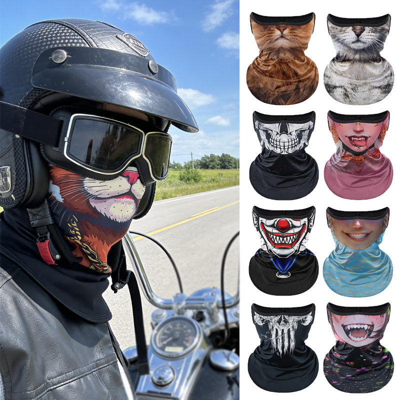 夏季冰丝防晒挂耳面罩面巾摩托车女骑行半脸动物猫咪薄款头巾男