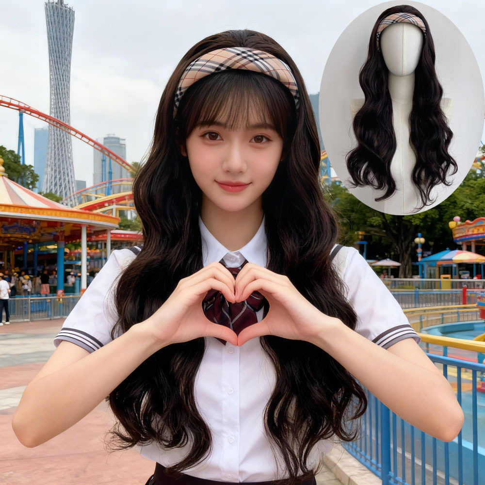 假发女发箍千金格纹长卷发片网红同款可拆卸发箍大波浪假发半头套