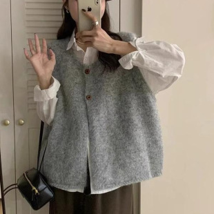 韩系复古绿色中长款毛衣马甲开衫女秋冬叠穿无袖针织背心外穿上衣