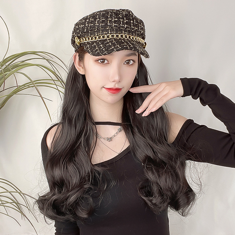 韩系假发女小香风贝雷帽假发一体式秋冬长卷发化纤假发套工厂现货