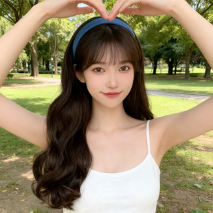 短视频带货深蓝色海绵高颅顶发箍半头套女士日常大波浪长卷发假发