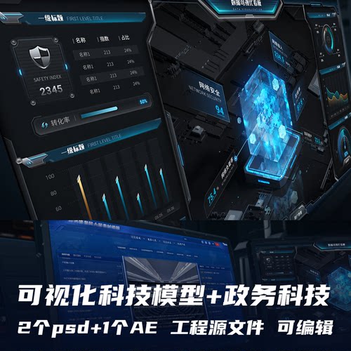 可视化智慧政务科技素材UI设计2套psd分层源文件可编辑带AE动效