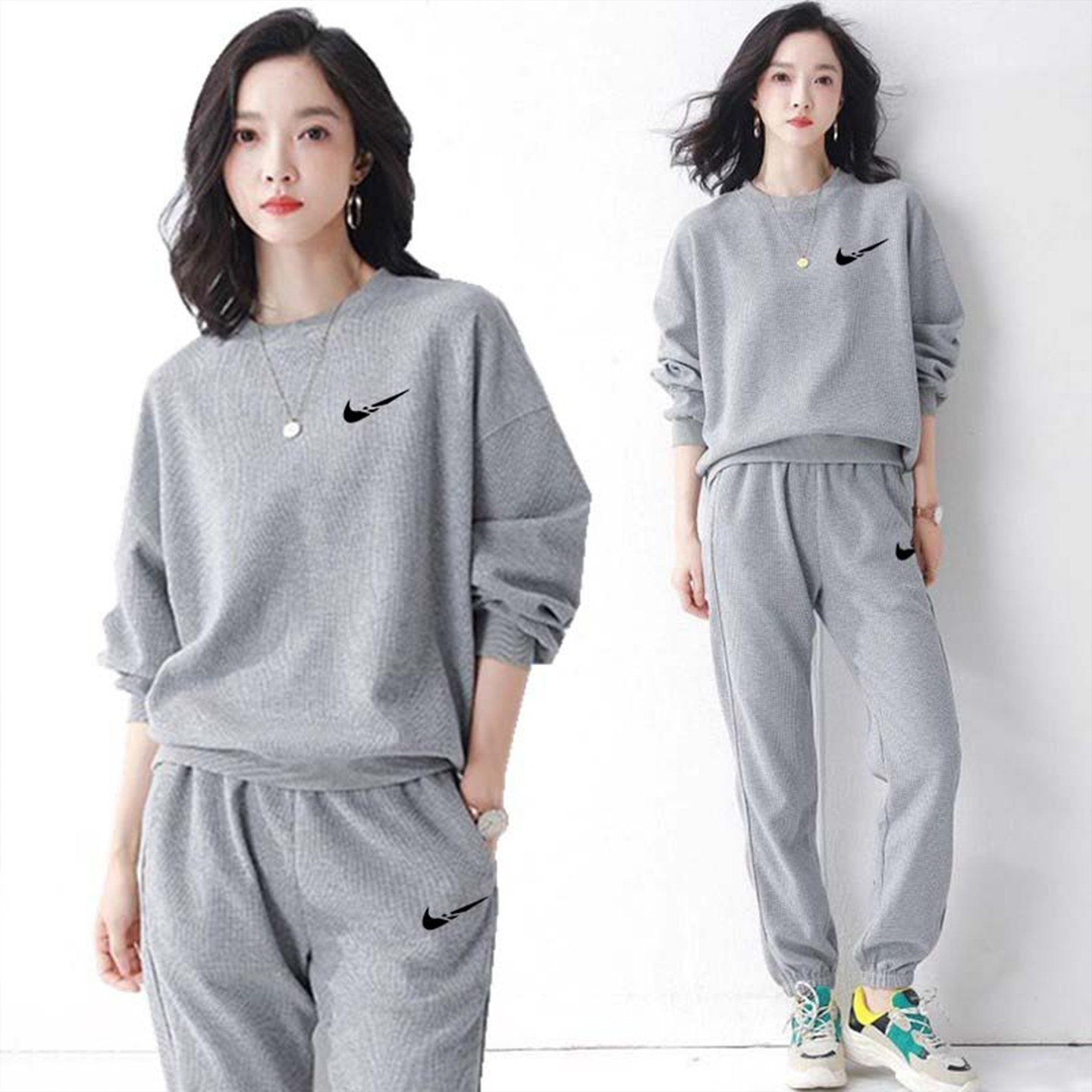 名牌华夫格运动服套装女士秋冬季宽松洋气减龄加绒卫衣跑步两件套