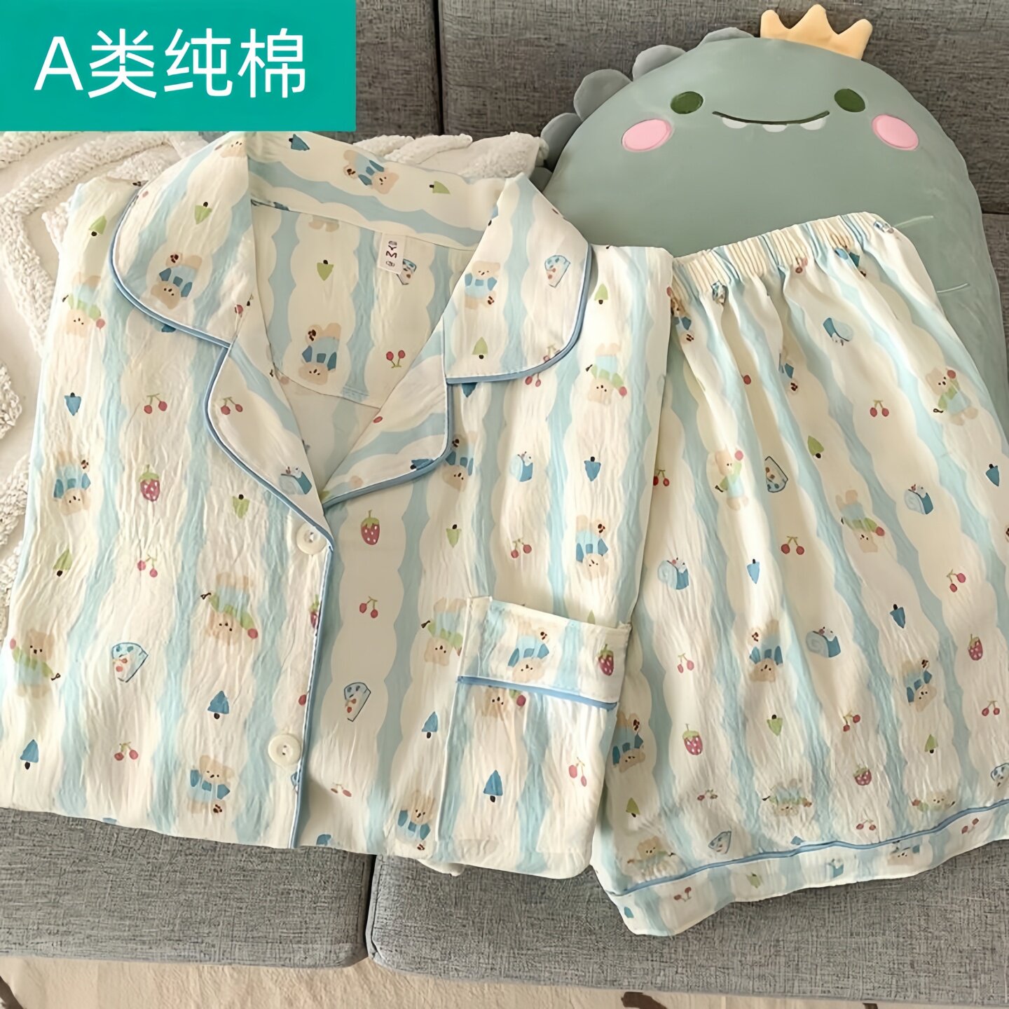 全纯棉时代日系条纹睡衣女款夏季梭织纯棉短袖甜美学生可爱小熊家