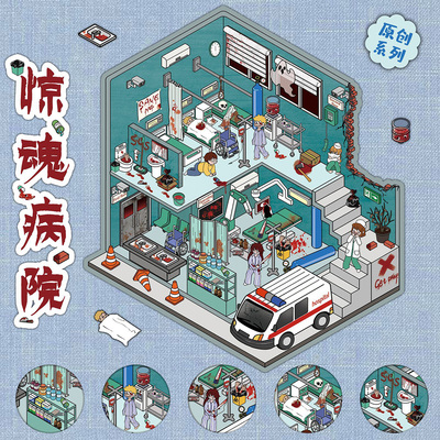 3D微恐惊魂病院造景PET贴纸创意微缩场景立体小屋堆叠手工拼贴画