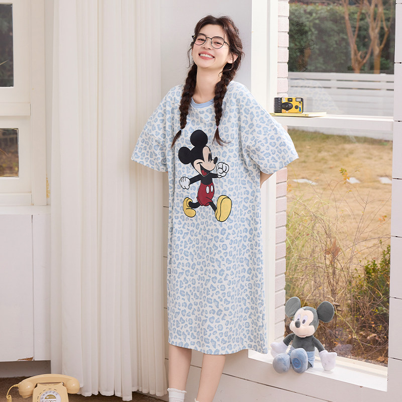 甜美少女风睡裙女夏季短袖宽松大码可外穿家居服中长款睡袍薄款