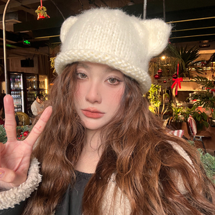 范吸吸同款 小熊毛线帽子女秋冬手工粗针马海毛保暖防寒耳朵针织帽