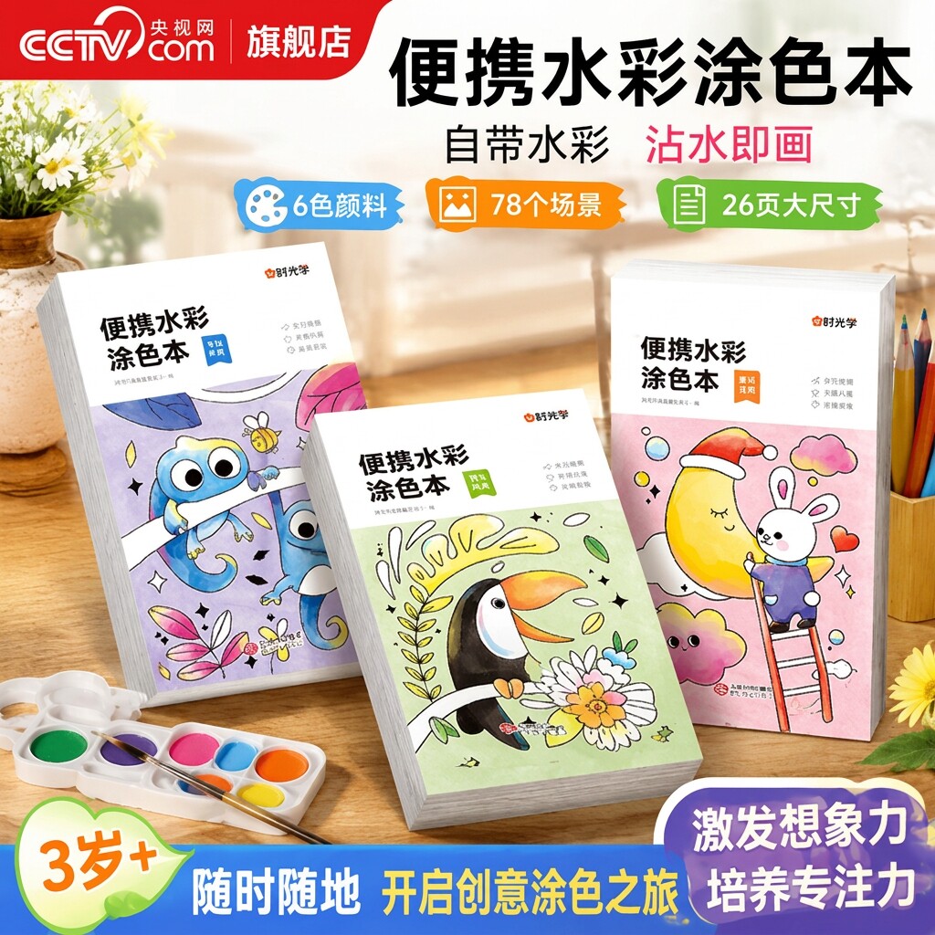 【央视网】便携水彩涂色本 儿童便签画画本随身便携填色水粉绘本 自带颜料画笔幼儿园宝宝手绘颜料DIY涂鸦幼儿填色绘画本 时光学SG