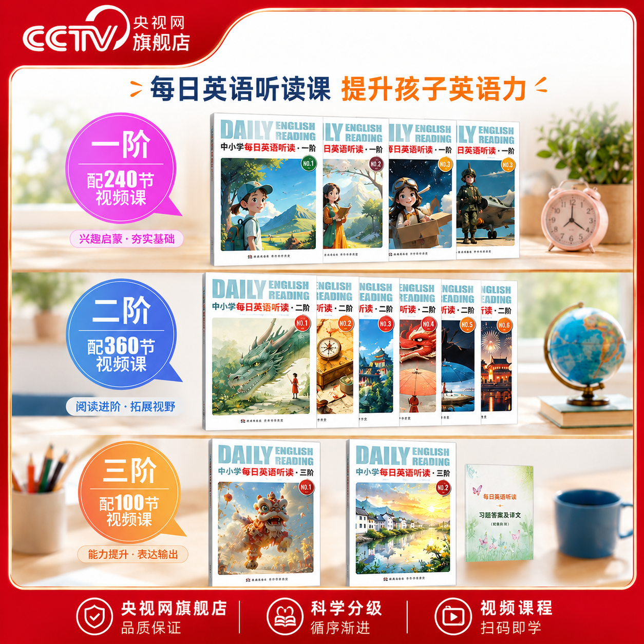 【央视网】中小学每日英语听读一阶二阶三阶 第1辑第2辑 小学初中适用 含括中国文化元素 音频伴读 零基础3000词汇量FZ