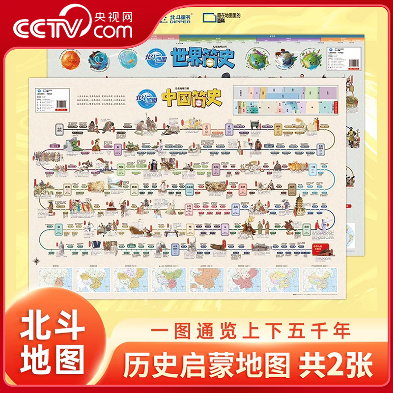 【央视网】新版中国世界简史地图 儿童房高清防水大尺寸挂画百科地图 学生家用地理历史语文启蒙地图BY