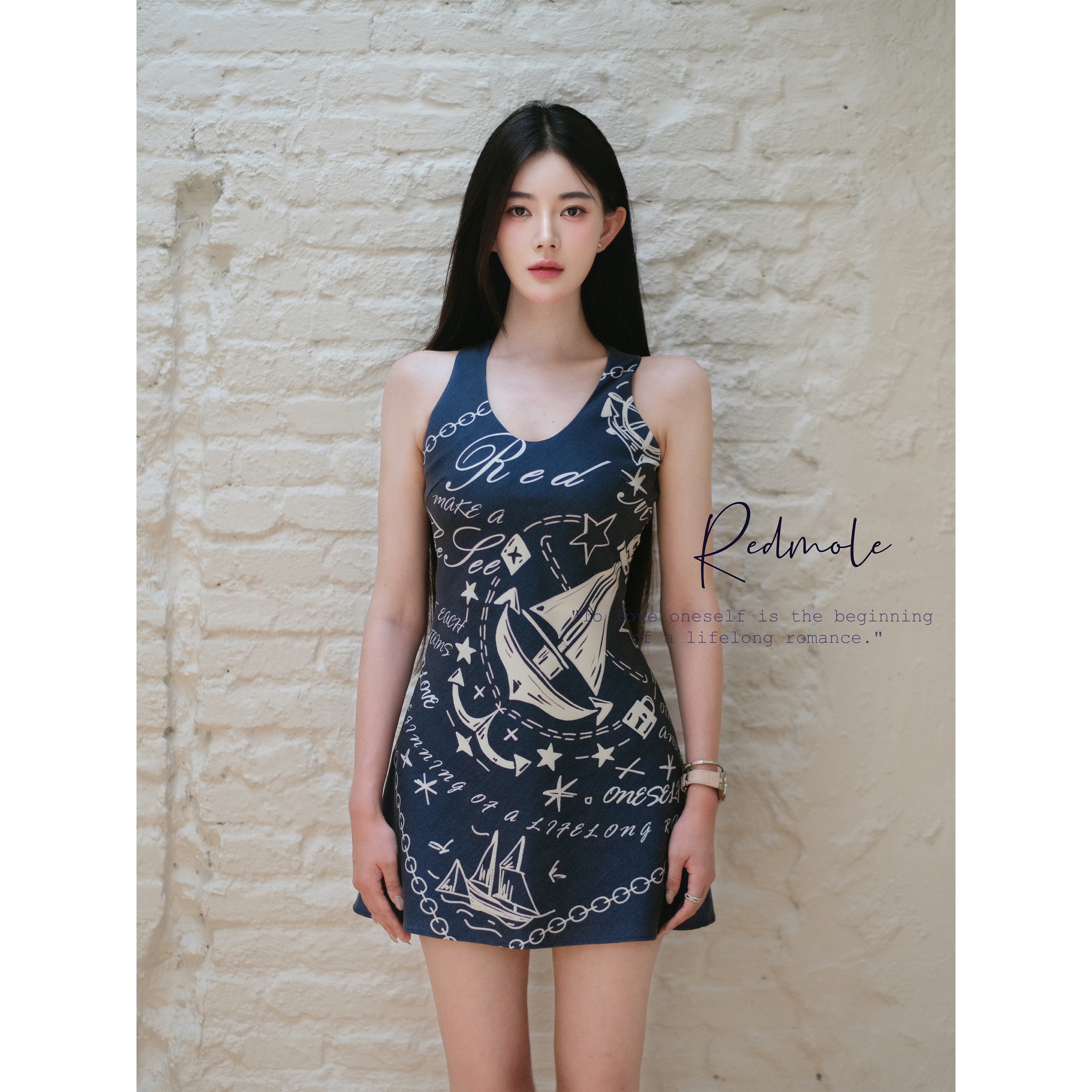 Redmole【靛海帆蚀】TR料手绘航海印花｜原创牛仔砂洗磨白连衣裙