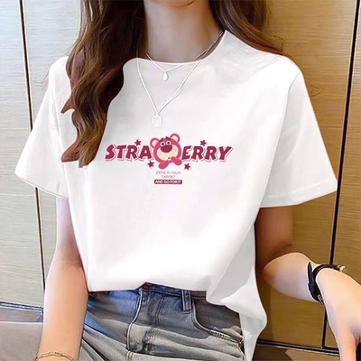 女士t恤短袖宽松纯棉上衣新款时尚高档款大码运动休闲百搭草莓熊
