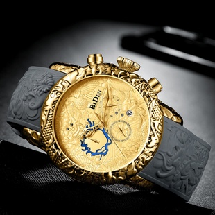 BIDEN男士 表大表盘防水日期模拟石英3D龙设计蛙胶带 手表计时码