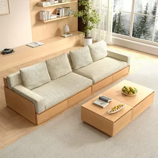 定制实木板式储物沙发小户型客厅原木风抽屉客厅家具布艺拆洗沙发