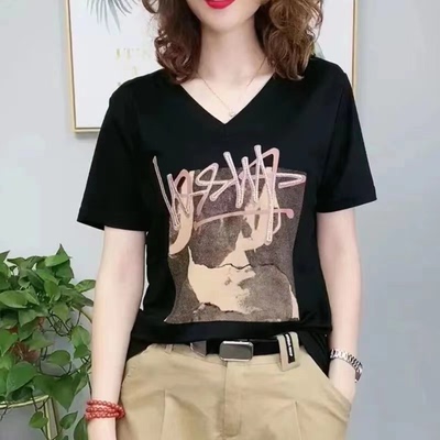 短袖V领薄款宽松显瘦纯棉T恤女