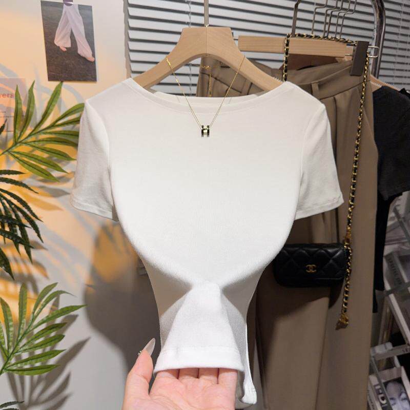 夏季黑色纯棉短袖t恤女2026新款修身显瘦高级感一字领正肩上衣潮