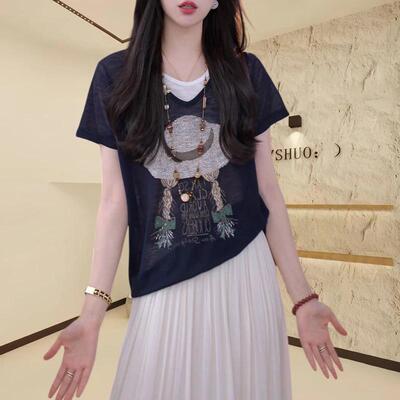 夏季薄款透气假两件短袖T恤女