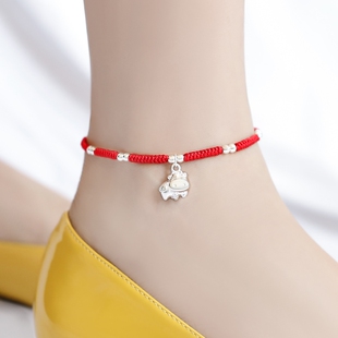 本命年虎红脚绳脚链女男复古藏银十二生肖手工编织情侣礼物
