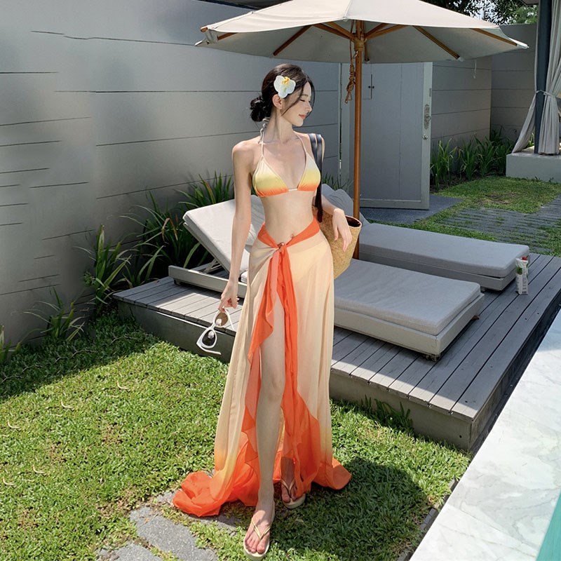 泰式海边度假性感穿搭夏绝美比基尼泳装三件套长裙渐变雪纺拖地裙