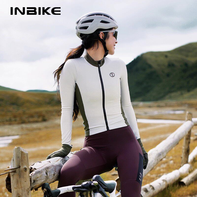 INBIKE 抓绒保暖骑行服春秋冬季撞色加绒女款长袖上衣自行车