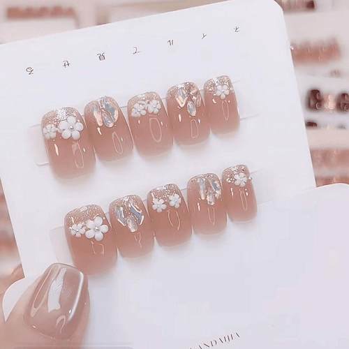 纯手工穿戴甲美甲贴片小花粉透