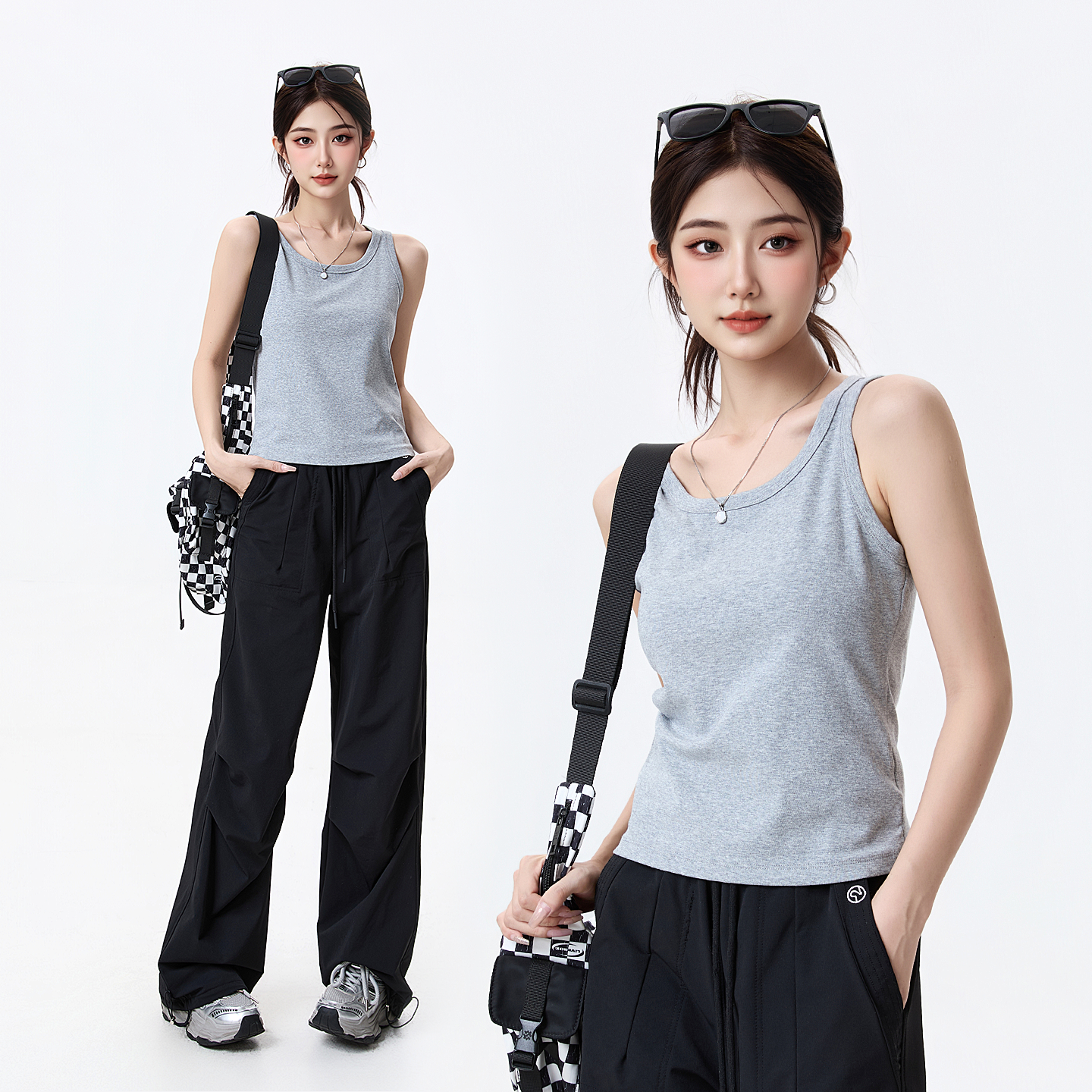 美式灰色吊带背心女显瘦修身上衣