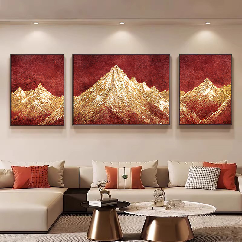 背靠金山客厅沙发背景墙装饰画新中式红色轻奢大气高级感三联挂画,家居饰品,现代装饰画,淘宝优惠券,粉丝福利购,淘宝优惠卷