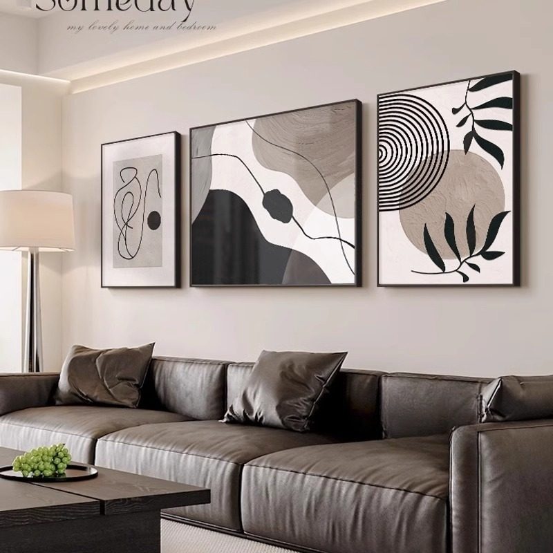 现代简约客厅沙发背景墙装饰画抽象黑白灰壁画高级感艺术三联挂画