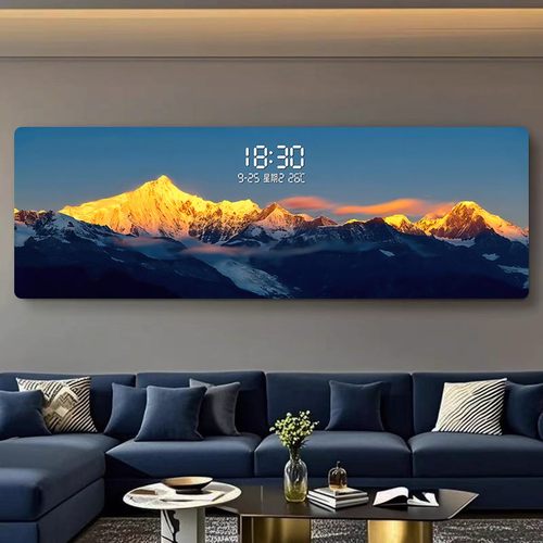 福画简约日照金山客厅钟表装饰画