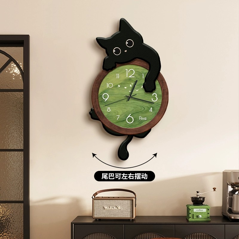 中古风猫咪摇摆钟表客厅电视背景墙装饰创意时钟挂墙上高级感挂钟图片