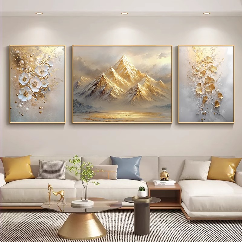 日照金山客厅装饰画现代轻奢沙发背景墙挂画花卉肌理高级三联壁画图片