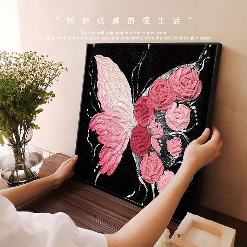 奶油风蝴蝶肌理挂画客厅沙发背景墙装饰画卧室桌面斗柜电视柜摆画图片