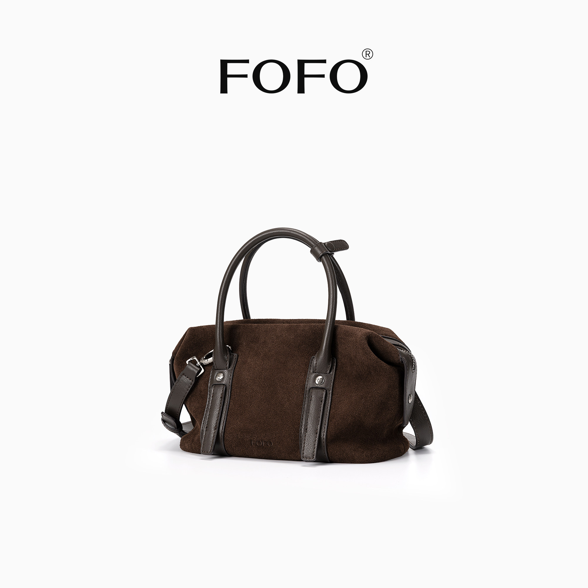 FOFO小号保龄球包麂皮斜挎手提包头层牛皮时尚极简风单肩波士顿包