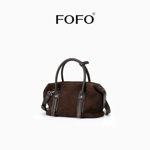 FOFO小号保龄球包麂皮斜挎手提包头层牛皮时尚极简风单肩波士顿包