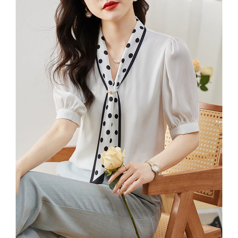 白领哥弟新职场通勤短袖衬衫时尚百搭丝巾领2025夏季新款雪纺小衫