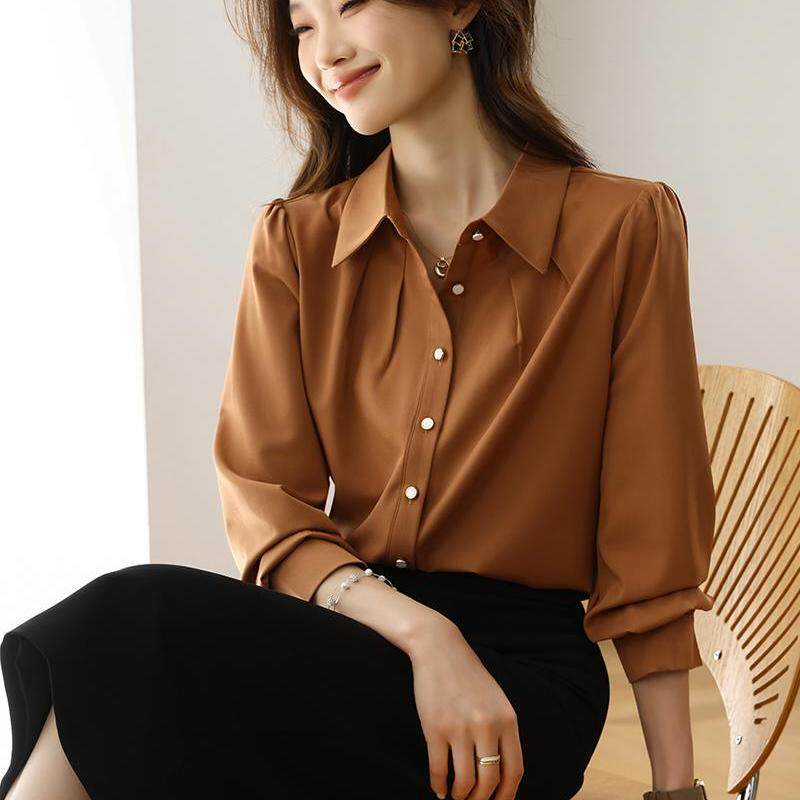 白领哥弟新女装2005年春季新款简约纯色职场女士百搭真丝长袖衬衫