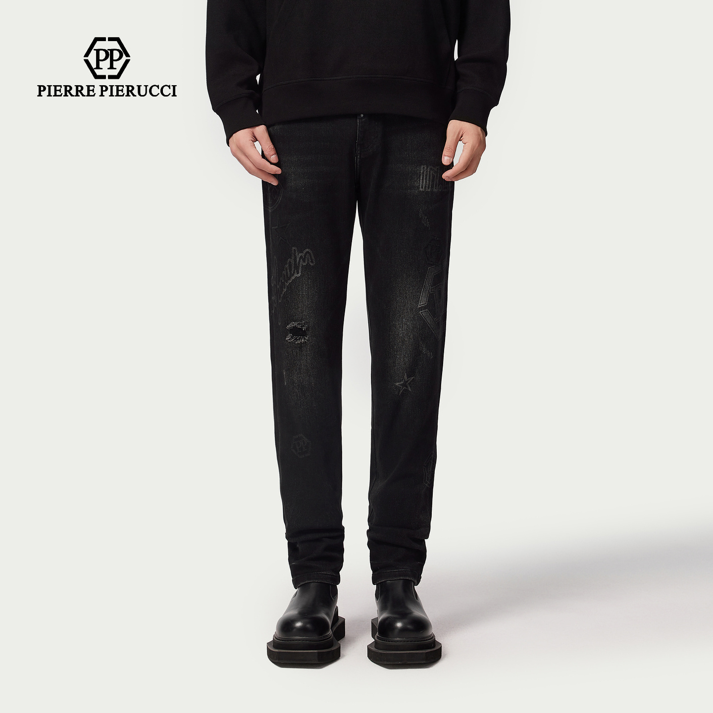 PP意大利轻奢品牌男装2025秋冬季时尚潮流字母满印直筒水洗牛仔裤