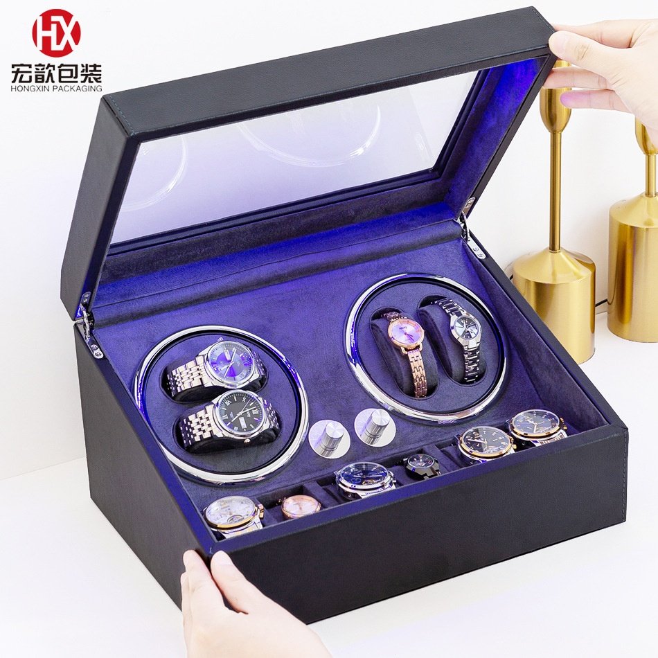 带氛围灯五档调节开盖停机械表手表收纳盒摇表器马达盒皮纹旋转