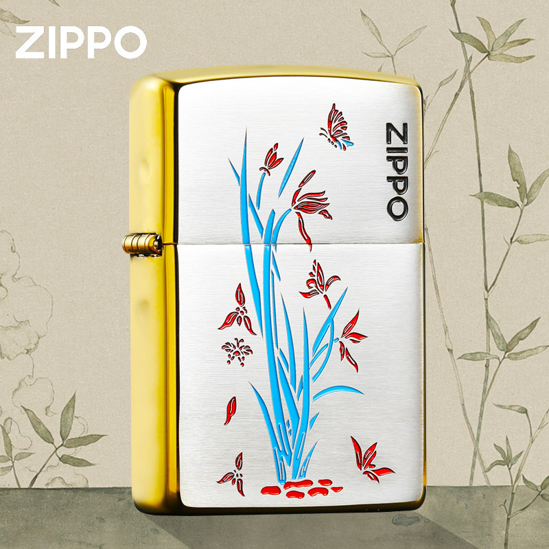 正版zippo打火机三面镀金填漆君子兰拉丝煤油防风送礼高档定制
