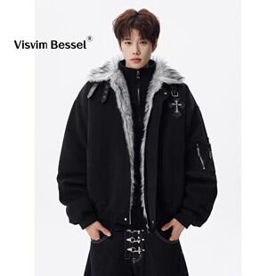 美式复古毛领十字架座山雕外套棉服男女冬季加厚保暖工装夹克棉袄