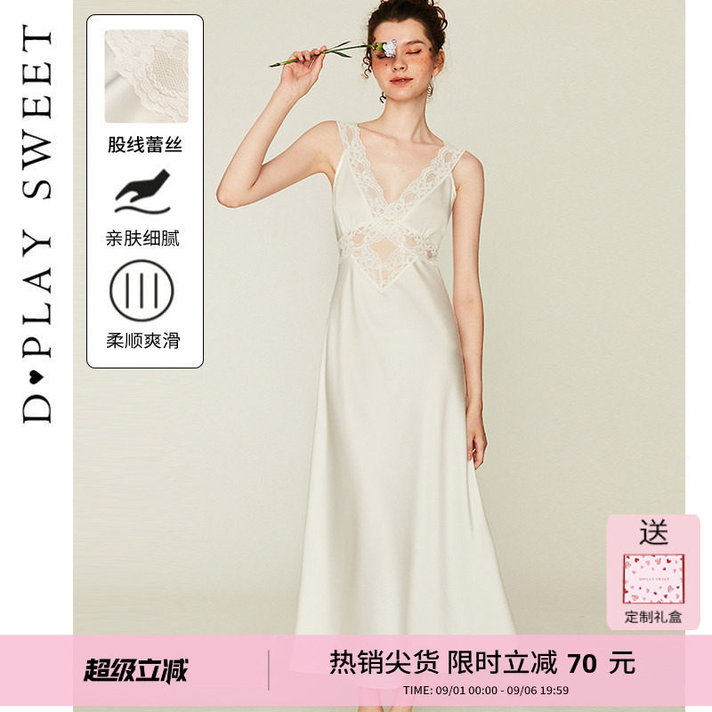 性感蕾丝镂空缎面吊带睡裙图片