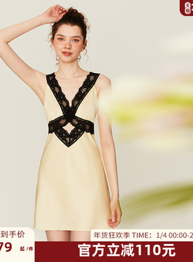 DPLAYSWEET法式优雅黄色缎面吊带裙撞色蕾丝缎面睡衣新品2025冬